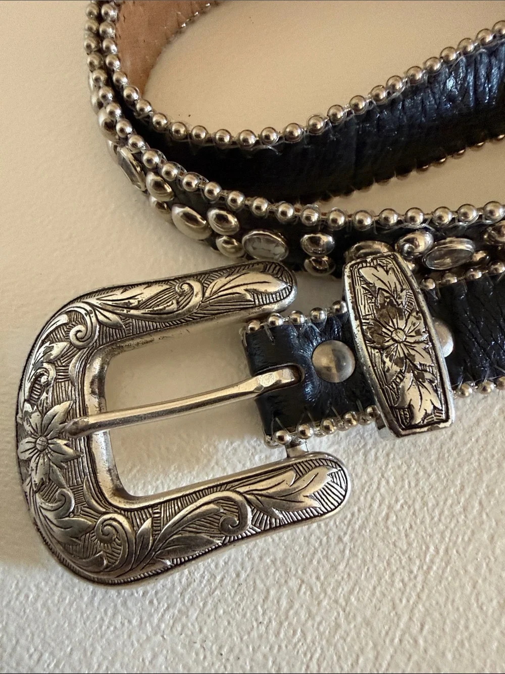 Champagne Black Studded Western Belt with Silver Buckle